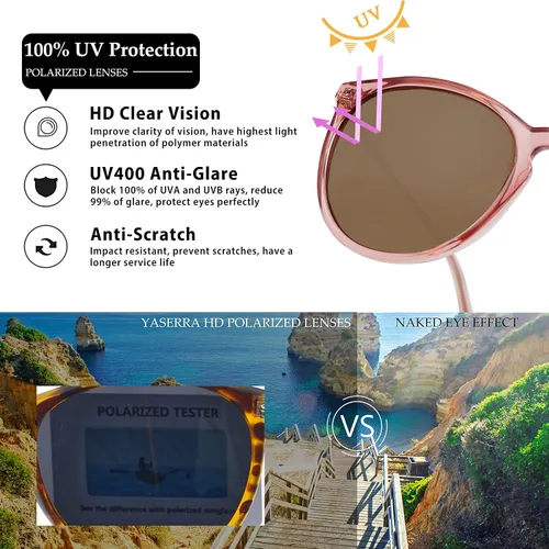 Vista 5 de Yaserra Lentes de sol polarizados redondos clásicos retro, lentes de espejo TAC, estilo de diseñador de moda, para mujeres y hombres, protección