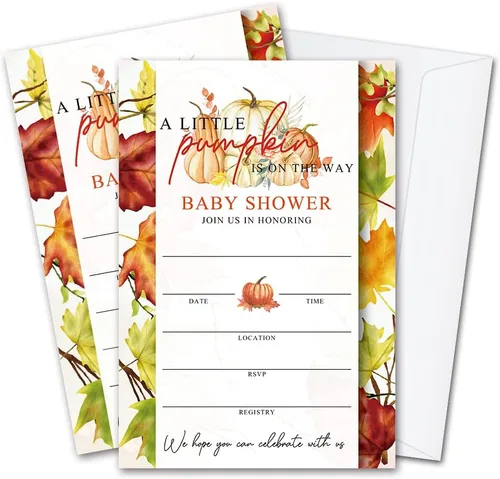Vista 8 de JY023 - Invitaciones para baby shower de otoño con diseño de calabaza dulce está en camino, hojas de otoño, tema de otoño, paquete de 20 tarjetas