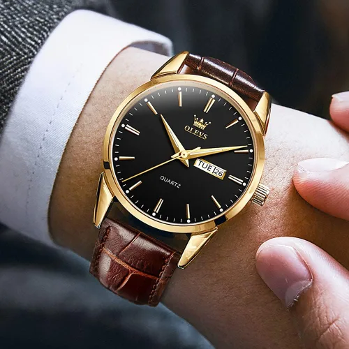 Vista 7 de OLEVS Relojes para hombres de cuero marrón caja dorada analógico cuarzo moda negocios vestido reloj día fecha luminoso impermeable casual masculino