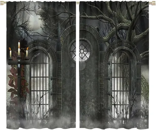 Vista 21 de Cortinas góticas con diseño de luna de Halloween, historia, puerta espeluznante, fondo de terror, vela, ficción, patrón de impresión, sala de estar