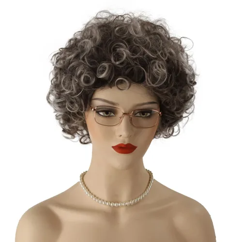 Vista 2 de QACCF Peluca de anciana gris corta y rizada para disfraz de abuelita con gafas de abuela y collar de perlas (negro gris)