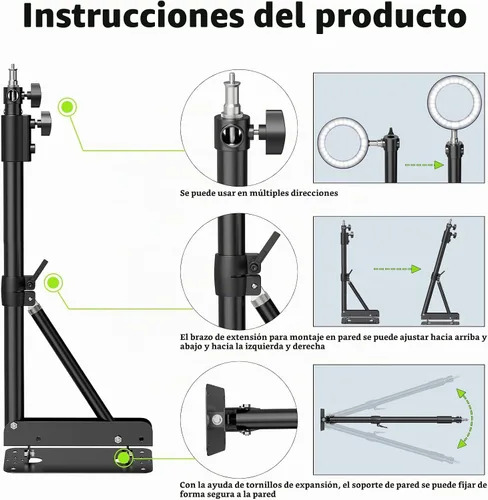 Vista 5 de Soporte de luz de anillo – Brazo triangular de montaje en pared, soporte de pared de 4.3 pies, soporte de tirpod de rotación flexible de 180°