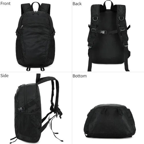 Vista 9 de Mochila pequeña de senderismo para viajes, ligera, plegable, mochila de día resistente al agua, mochilas plegables de 15L para viajes, mujeres, Negro