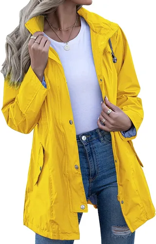 Vista 14 de Kikibell Chaqueta de lluvia para mujer con capucha, con forro a rayas, ligera, impermeable para exteriores, cortavientos Verde militar