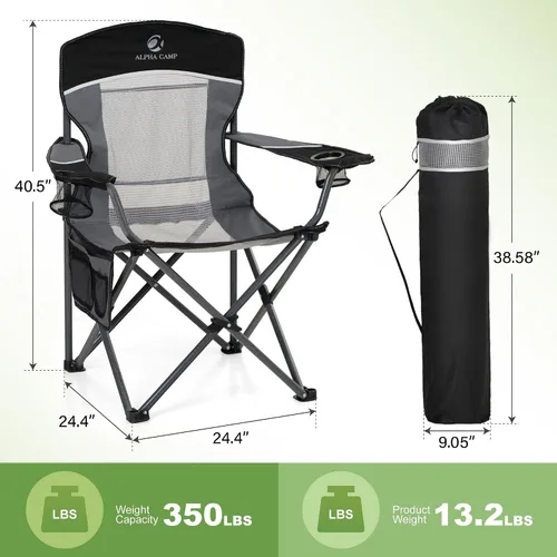 Vista 2 de LET'S CAMP Paquete de 2 sillas de campamento con respaldo de malla, portátil, plegable, resistente, para exteriores, 330 libras, silla de brazo Negro