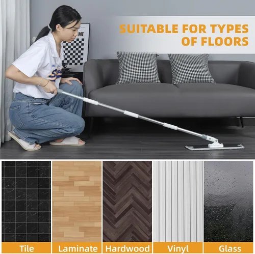 Vista 5 de Trapeador plano de microfibra para limpieza de pisos, base de aluminio de 18 pulgadas (17.7 pulgadas/17.7 in), mango ajustable de acero inoxidable