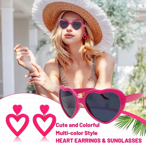 Vista 2 de Aretes colgantes de doble corazón para mujer y lentes de sol en forma de corazón, accesorios elegantes para fanáticos de la joyería