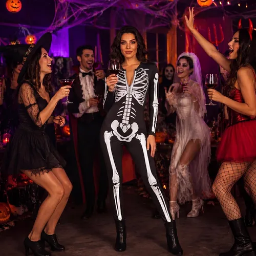 Vista 6 de Disfraz de esqueleto para mujer, overol de calavera con cremallera de Halloween