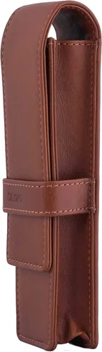 Vista 2 de DiLoro Estuche doble de cuero para lápices para dos bolígrafos estilográficos, bolígrafo y lápices (Bugatti Tan)