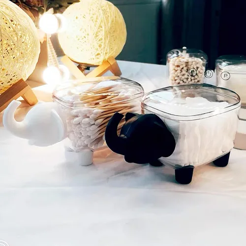 Vista 2 de Paquete de 2 soportes Qtip, dispensador de bolas de algodón acrílico con tapa, bonitos soportes para hisopos de algodón, tarros de baño, recipiente