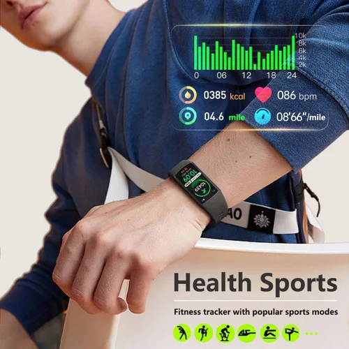 Vista 6 de FITVII FINO 2 Slim Fitness Tracker, reloj inteligente con oxígeno en sangre, monitor de sueño, frecuencia cardíaca 24/7 y presión arterial, IP68