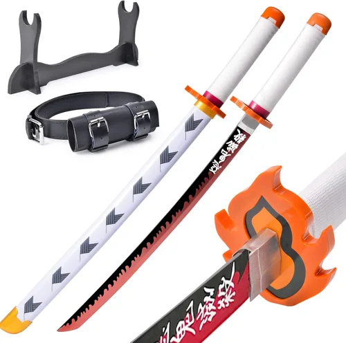 Vista 13 de Demon Slayer - Espada para niños de 31 pulgadas, hoja de bambú con cinturón y soporte de espada, espada de anime de textura original, Katana Demon