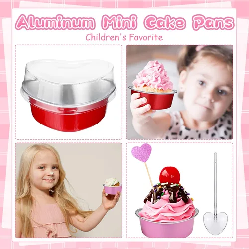 Vista 13 de El juego de 300 moldes para tartas de corazón incluye 3.4 onzas de aluminio desechable de San Valentín, molde para hornear postres, cuchara de Rojo