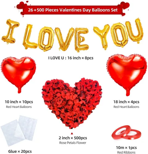 Vista 2 de kortes Kit de globos y globos de corazón con pétalos de rosa, decoraciones del día de San Valentín para fiesta