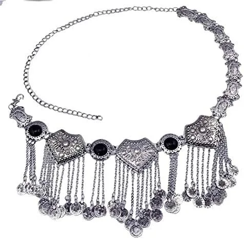 Vista 6 de idealway Cadena de cintura para el vientre para mujer, cinturón bailarín, cinturones de playa, cadena de cuerpo bohemio, moneda, borla cinturón