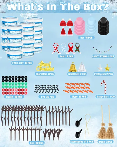 Vista 2 de Kit de 16 piezas de muñeco de nieve, construye un muñeco de nieve para niños, manualidades de Navidad, manualidades creativas de arcilla seca al