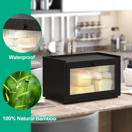 Vista 7 de kiplant Panera grande para encimera de cocina, contenedor de almacenamiento de pan de bambú negro con puerta transparente de arcílica ondulada, caja