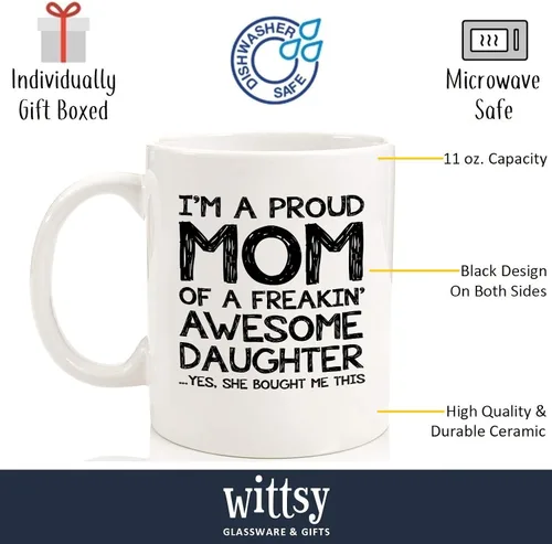 Vista 2 de Taza de café divertida con texto en inglés "Proud Mom Of A Awesome Daughter", regalos para mamá de parte de su hija, niño, regalo para las mejores
