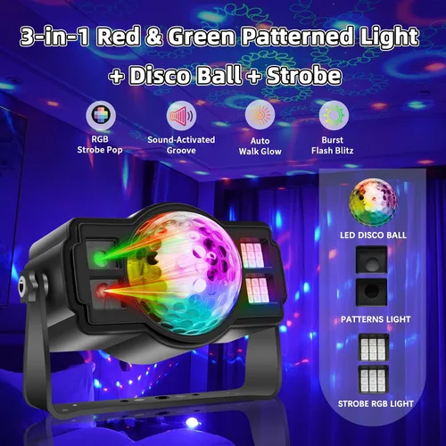 Vista 2 de Luces de fiesta de bola de discoteca 3 en 1, luz estroboscópica de DJ activada por sonido con 60 patrones, proyector LED alimentado por USB