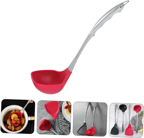 Vista 3 de LABRIMP Cuchara de silicona para servir cucharas de acero inoxidable utensilios de cocina de acero inoxidable mango cucharón cuchara de sopa