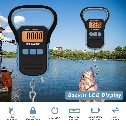 Vista 6 de Báscula de pesca impermeable con pinza de labio, báscula de equipaje colgante postal de 110 libras con gancho, báscula de mano digital con cinta