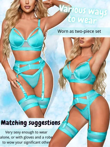 Vista 137 de Kaei&Shi - Lencería con liguero para mujer, conjunto de encaje traslúcido y sexy de 4 piezas combinadas