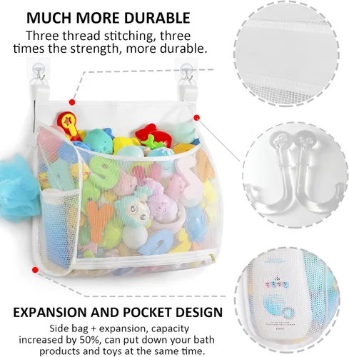 Vista 4 de Ligereza Organizador de malla para juguetes de baño para bebé, múltiples formas de colgar, capacidad ultra grande y abertura amplia, portajuguetes