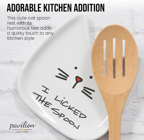 Vista 2 de Pavilion Gift Company Blobby Cat plato apoya cucharas "I Licked the Spoon" de 5 pulgadas, color blanco