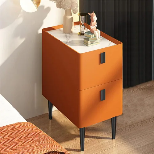 Vista 13 de Mesita de noche moderna de madera maciza con almacenamiento de 2 cajones, parte superior de mármol, práctica mesa auxiliar auxiliar para dormitorio