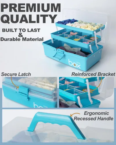 Vista 3 de TERGOO Organizadores y Almacenamiento de Manualidades de Plástico de 3 Capas de 12 Pulgadas, Caja de Aparejos Plegable Portátil con Asa y Divisores