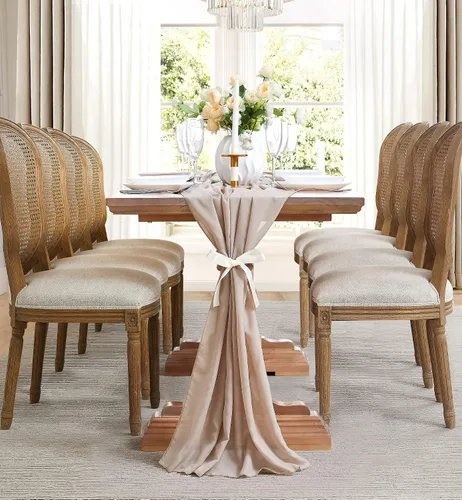 Vista 7 de WARM HOME DESIGNS Tela de gasa beige de 35 x 120 pulgadas. Utiliza material de gasa de lujo como camino de mesa, decoración de arco de boda, bufanda