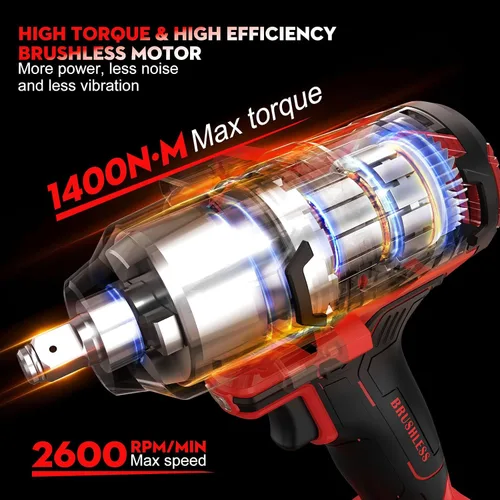 Vista 2 de Sundpey Llave de impacto inalámbrica de 1033 pies-libras, pistola de impacto de alto par de 1400 N·m, destornillador de impacto sin escobillas de 21