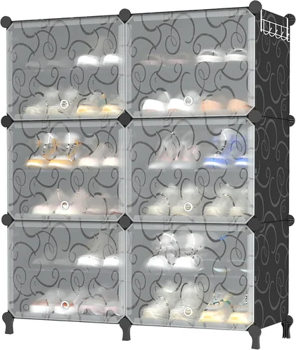 Vista 8 de AWTATOS Zapatero de 6 niveles con puerta, gabinete de almacenamiento de zapatos con 24 pares de estantes organizadores para armario, pasillo, Negro