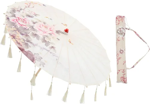 Vista 6 de Homoyoyo Sombrilla de tela con patrón de flores, sombrilla de tela de seda japonesa china con bolsa de borlas, kimono Hanfu, suministros de disfraz