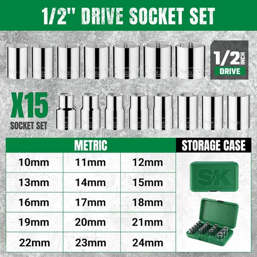 Vista 3 de SK Tools USA 1/2 Drive, 15 piezas, 6 puntos, estándar, juego de enchufes cromados métricos: 0.394 in - 0.945 in 1955