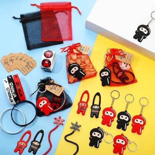 Vista 7 de HyDren 109 piezas de recuerdos de fiesta de ninja para 18 invitados, incluyen Ninja Slingshot Sticky Stretch Toys Llaveros de goma, calcomanías