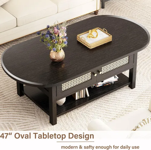 Vista 5 de LVB - Mesa de café de ratán, mesa de sala de estilo boho con almacenamiento, mesa de té de cóctel moderna ovalada de 2 niveles con puertas y estante