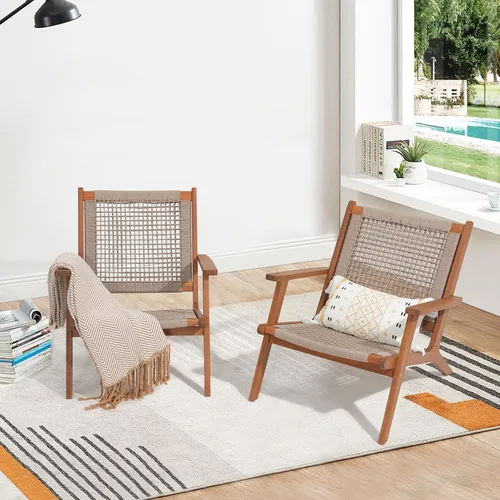 Vista 9 de Verano Garden Juego de 2 sillas de patio, sillón moderno de madera de acacia con cuerda tejida a mano para patio, sala de estar, dormitorio, balcón