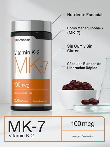 Vista 4 de Horbäach Vitamina K2 MK7 100mcg 250 cápsulas blandas Suplemento sin OMG, sin gluten