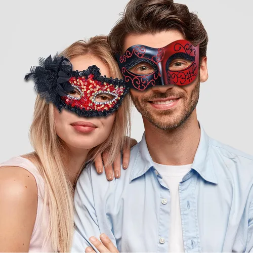 Vista 3 de Juego de máscaras para parejas, máscara de mujer con lentejuelas y flores, máscara veneciana para hombre para Mardi Gras, Halloween