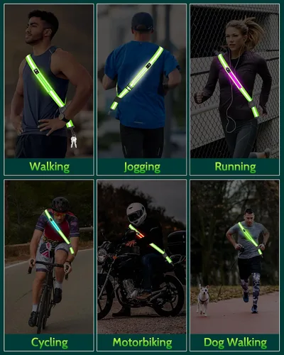 Vista 8 de Fitense LED Reflective Belt Sash - 5 Lights Colors & 3 Light Modes High Visibility Night Safety Belt, Rechargeable Light Up Running Gear Adjustable