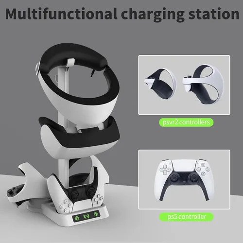 Vista 6 de Estación de carga de controlador para PSVR2 y PS5, base de carga rápida Dual Playstation VR2 con luz LED, soporte de pantalla para auriculares PS5