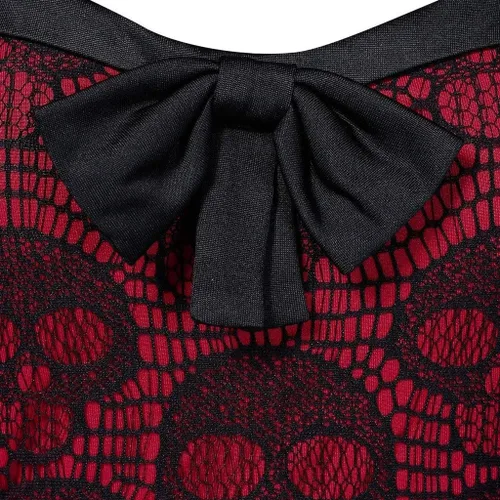 Vista 3 de LODDD Vestido de talla grande con lazo y botones simulados de encaje de Halloween para mujer.