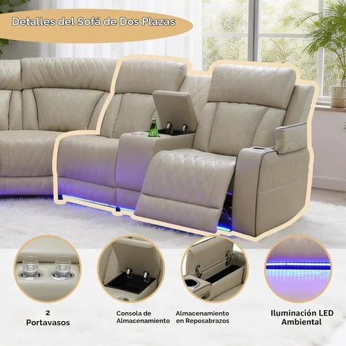 Vista 4 de Juego de sofá reclinable eléctrico, juegos de muebles de sala de estar, juego de sofá modular de cuero con luces LED, portavasos, consola