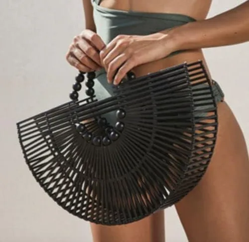Vista 4 de Bolso de mano de bambú con asa superior para mujer, bolso de mano, bolso de playa de gran tamaño, bolso tejido de bambú