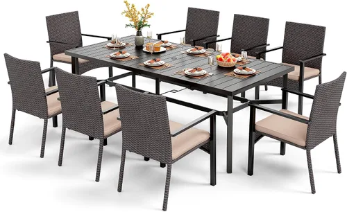 Vista 23 de PHI VILLA Juego de comedor al aire libre de 7 piezas para 6, mesa rectangular de hierro forjado de 152 cm con orificio para sombrilla y sillas