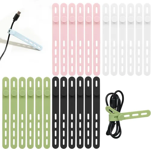 Vista 9 de Donruby 24 bridas de silicona – Reutilizables y lavables con hebillas de bloqueo, correas ajustables de organización de cables, organizador de Blanco