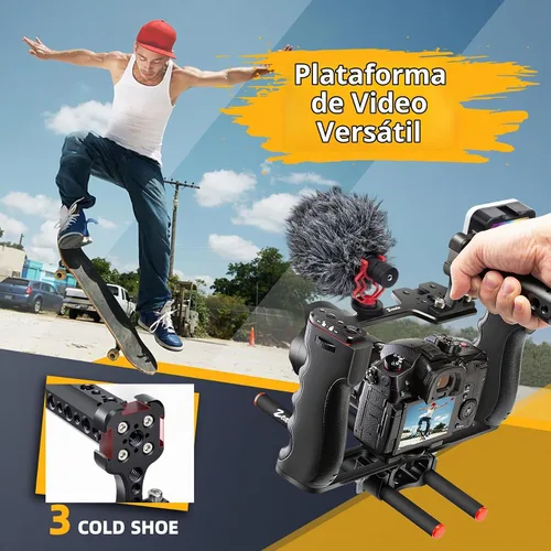 Vista 5 de Zeadio Kit de aparejo de video todo en uno, jaula de cámara de mano de aluminio con luz de video RGB, micrófono, mango superior, guía de varilla