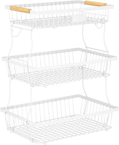 Vista 16 de Cesta de frutas de 2 niveles para encimera de cocina con 2 ganchos para plátanos, cesta de pan de metal para encimera con mango de madera, soporte