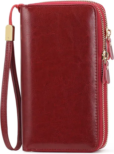 Vista 7 de SENDEFN Carteras de cuero para mujer, bloqueo RFID, doble cremallera alrededor del tarjetero de crédito, gran capacidad, 1-cera-vino tinto, Moderno